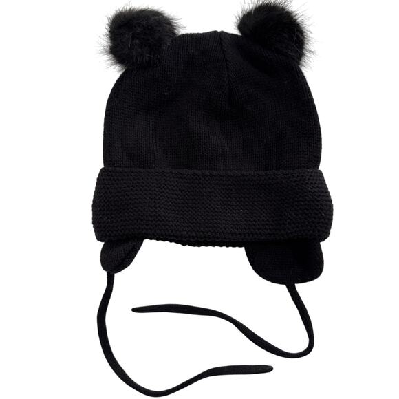 H&M Black Fleece Lined Double Pom Pom Hat Size 18M/2T - Picture 2 of 3